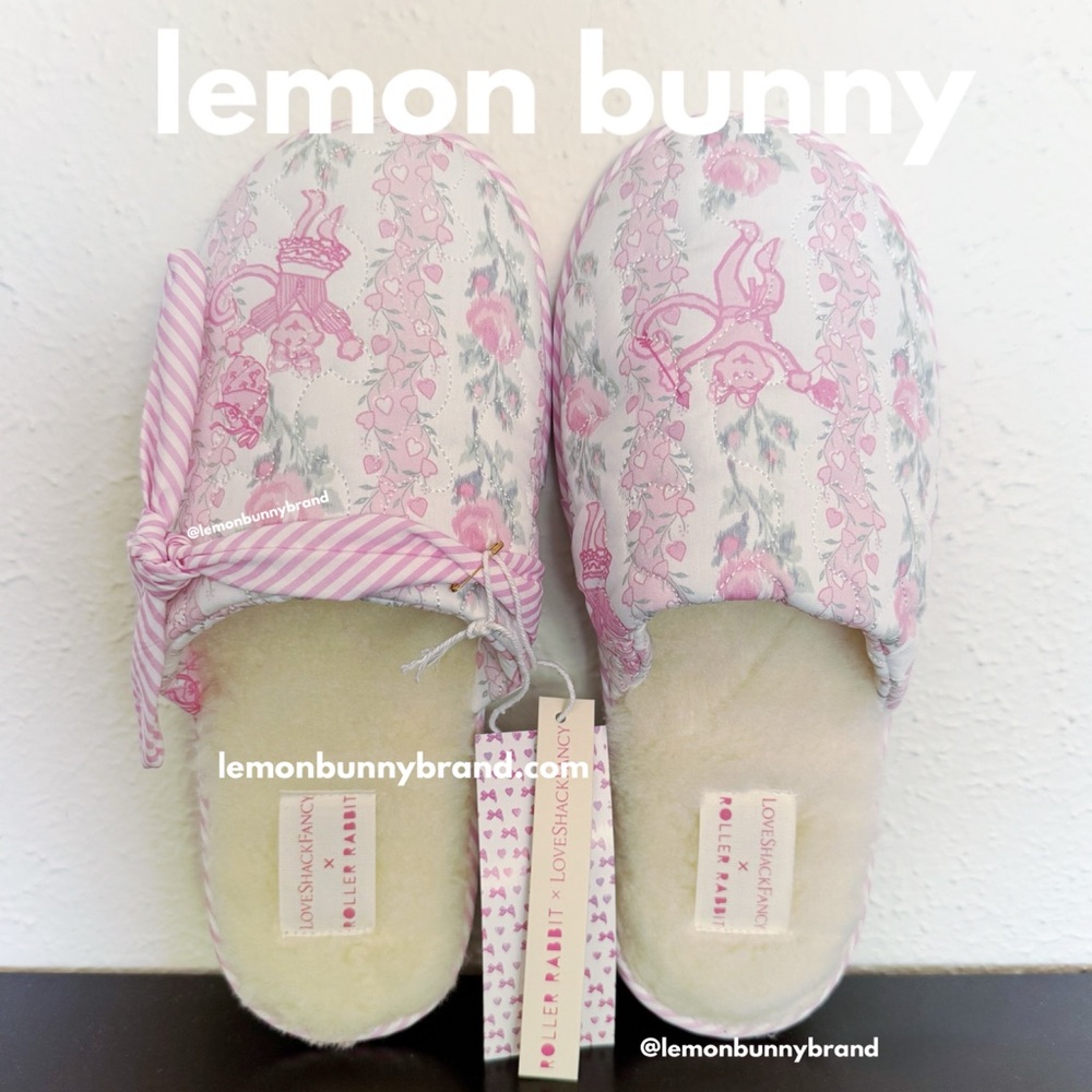 Roller Rabbit x LoveShackFancy Heirloom Monkey Quilted Slippers Pale Pink Large